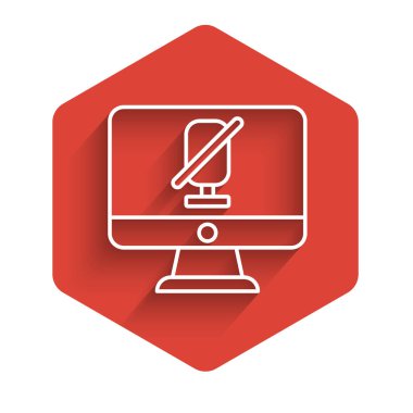 Bilgisayar simgesindeki beyaz çizgi dilsiz mikrofon uzun gölgeli izole edilmiş. Mikrofon sesi kapatıldı. Kırmızı altıgen düğmesi. Vektör.