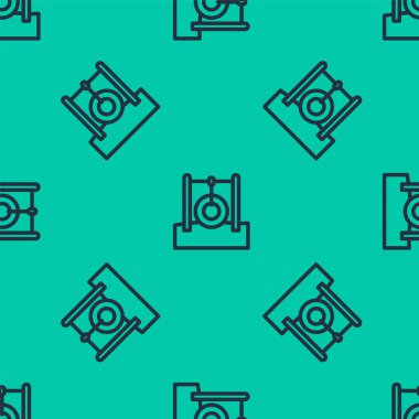 İp ikonunda asılı mavi çizgili araba lastiği yeşil arka planda izole edilmiş pürüzsüz desen. Lastik ipli oyun alanı ekipmanları. Vektör.