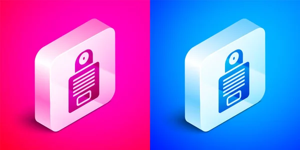Isometric Intercom Icon Isolated Pink Blue Background Silver Square Button — Stock Vector