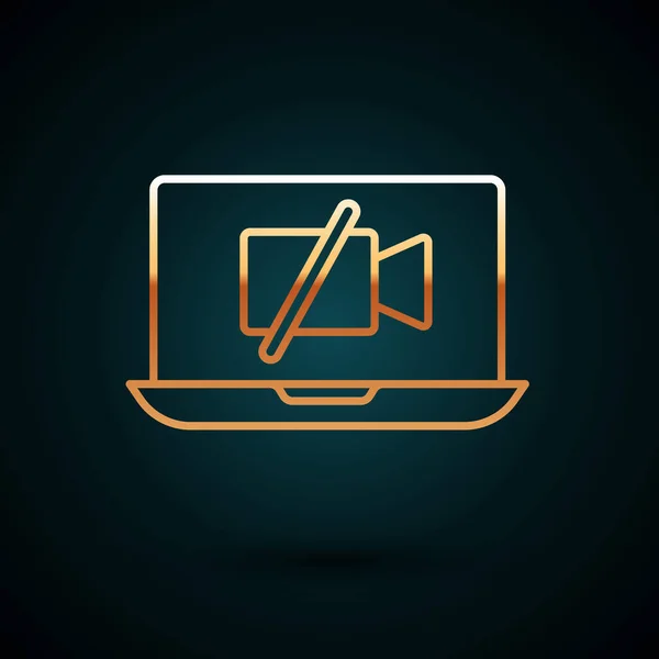 Złota Linia Kamera Wideo Wyłączona Ekranie Laptopa Ikona Izolowana Ciemnoniebieskim — Wektor stockowy