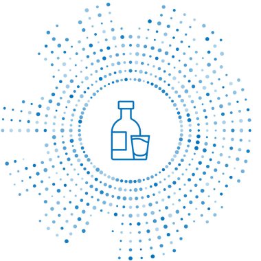 Beyaz arka planda izole edilmiş cam ikonlu mavi şişe votka. Soyut çember rastgele noktalar. Vektör.