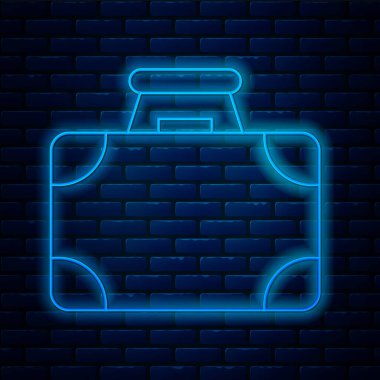 Parlayan neon hattı evrak çantası ve para ikonu tuğla duvar arka planında izole edilmiş. İş ilanı. İş portföyü. Vektör.