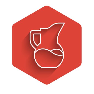 Beyaz çizgi sütlü sürahi ya da sürahi ikonu uzun gölgeli izole edilmiş. Kırmızı altıgen düğmesi. Vektör.