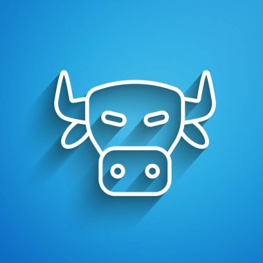 Beyaz çizgi İnek baş simgesi mavi arkaplanda izole edildi. Uzun gölge. Vektör.