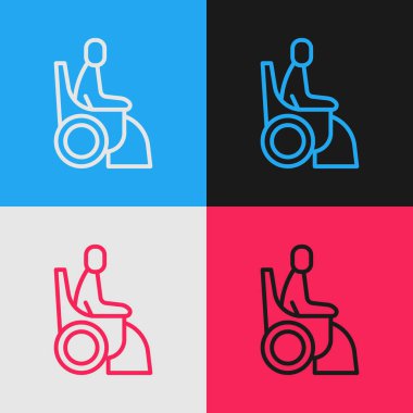 Tekerlekli sandalyedeki pop sanatçısı kadın renkli arka planda izole edilmiş engelli kişi simgesi için. Vektör.