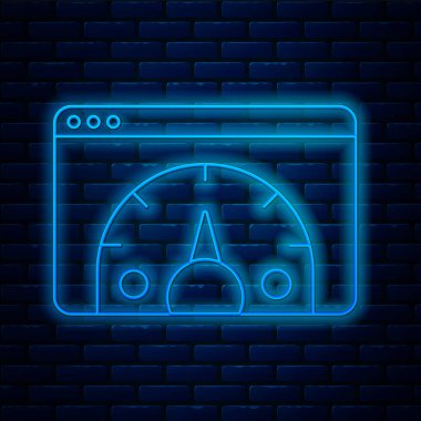 Parlayan neon hattı Web Analiz ve Geliştirme web sitesi istatistik simgesi tuğla duvar zemininde izole edildi. Analiz, yönetim, pazarlama, araştırma. Vektör.