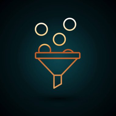Altın çizgili yönetim simgesi koyu mavi arka planda izole edildi. Paralı huni. Hedef müşteri iş konsepti. Vektör.