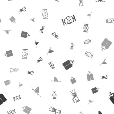 Fotoğraf makinesi, el feneri, Aqualung ve köpekbalığı yüzgecini okyanus dalgasında kusursuz bir şekilde ayarla. Vektör.