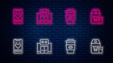 Sabit hat spor salonu, kahve kupası, kalp atışı ve süt için kağıt paketli mobil. Tuğla duvarda parlayan neon simgesi. Vektör.