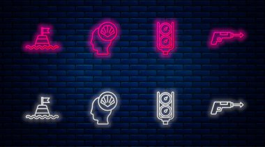 Deniztarağı deniz kabuğu, ölçek, yüzen şamandıra ve balıkçı zıpkını. Tuğla duvarda parlayan neon simgesi. Vektör.