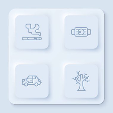 Çizgi, sigara, tıbbi koruyucu maske, araba ve solmuş ağaç. Beyaz kare düğme. Vektör.