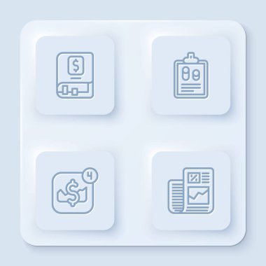 Sabit hat Finansal kitap, İş Finans raporu, mobil hisse senedi ticareti ve... Beyaz kare düğme. Vektör.