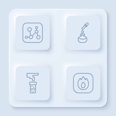 Chemical formülü, test tüpü ve matara ve ateş alevini hazırlayın. Beyaz kare düğme. Vektör.