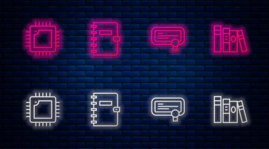 Satır Spiral dizüstü, Sertifika şablonu, İşlemci ve Defter 'i ayarla. Tuğla duvarda parlayan neon simgesi. Vektör.