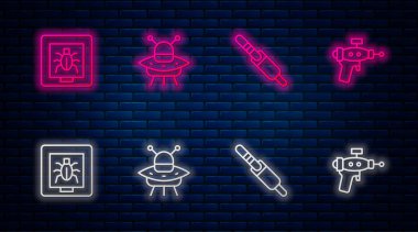 UFO uçan uzay gemisi, ses kriko, böcek çerçevesi ve ışın tabancası ayarlayın. Tuğla duvarda parlayan neon simgesi. Vektör.