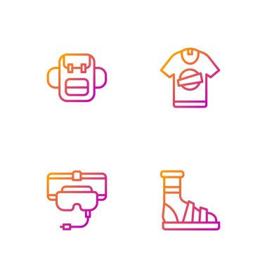 Çoraplı terlikler, sanal gerçeklik gözlükleri, okul çantası ve tişörtü. Renk simgeleri. Vektör.