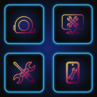 Hat Mobil Servisi, Tornavida ve İngiliz anahtarı, Rulet inşaatı ve yeri ayarlayın. Renk simgeleri. Vektör.