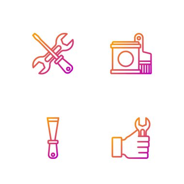 Halat anahtarı, macun bıçağı, tornavida, İngiliz anahtarı ve boya fırçası. Renk simgeleri. Vektör.