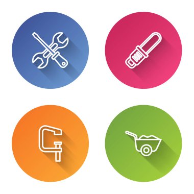 Tornavida ve ingiliz anahtarı, elektrikli testere, pens vida aleti ve el arabası ayarlayın. Renkli daire düğmesi. Vektör.
