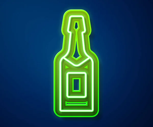 发亮的霓虹灯系列香槟瓶子图标隔离在蓝色背景 — 图库矢量图片