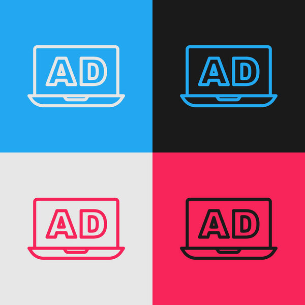 Pop art line Advertising icon isolated on color background. Concept of marketing and promotion process. Responsive ads. Social media advertising.  Vector.