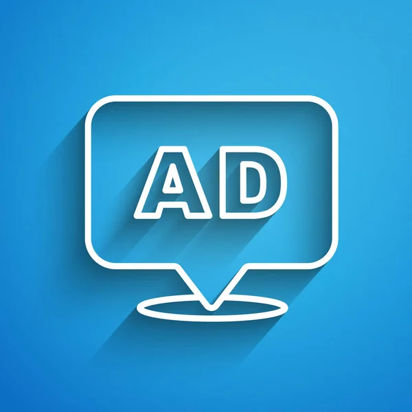 白线广告图标孤立在蓝色背景 营销和促销过程的概念 反应灵敏的广告社交媒体广告 很长的阴影B — 图库矢量图片