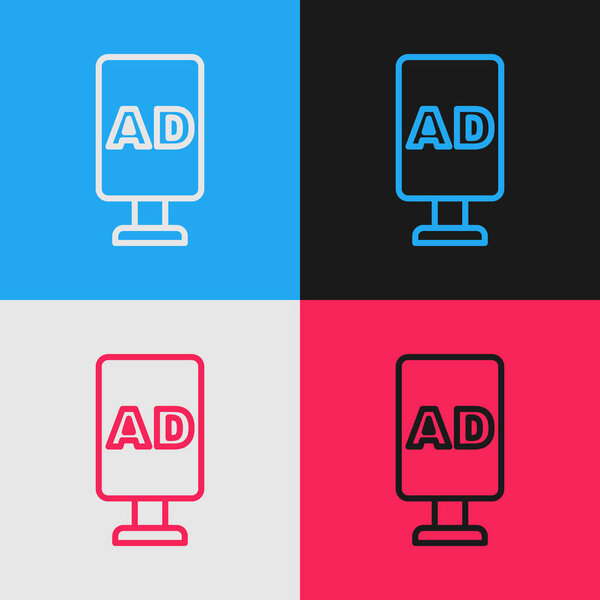 Pop art line Advertising icon isolated on color background. Concept of marketing and promotion process. Responsive ads. Social media advertising.  Vector.