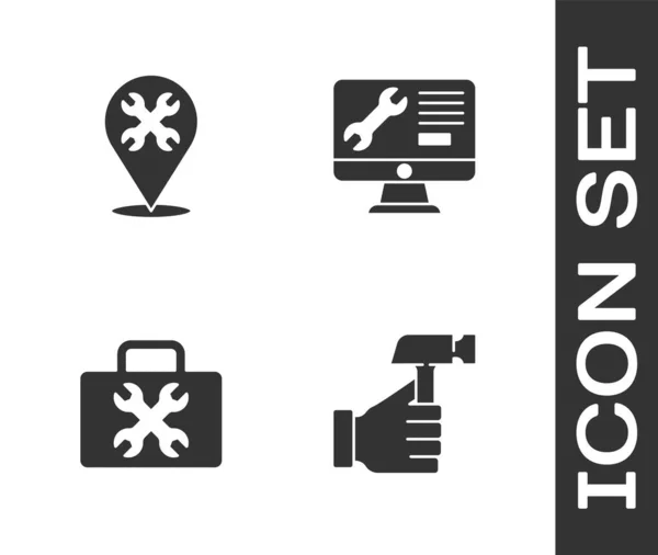 Définir Marteau Emplacement Avec Clé Boîte Outils Icône Service Moniteur — Image vectorielle