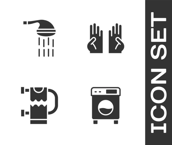 Set Lavadora Ducha Toallero Calefaccionado Icono Guantes Goma Vector — Archivo Imágenes Vectoriales