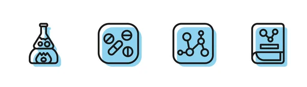 Set Line Chemische Formel Reagenzglas Flammen Medikamententablette Und Chemie Buch — Stockvektor