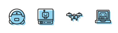 Hat Drone, robot elektrik süpürgesi ve robot simgesi oluşturuluyor. Vektör.