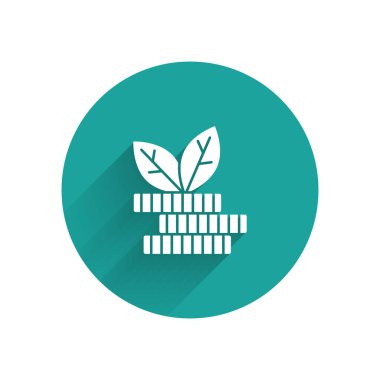 Beyaz Dolar bitki simgesi uzun gölgeli izole edilmiş. İş yatırımı büyüme konsepti. Para tasarrufu ve yatırım. Yeşil daire düğmesi. Vektör.