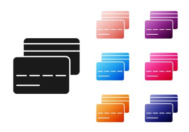 Siyah kredi kartı simgesi beyaz arkaplanda izole edildi. Çevrimiçi ödeme. Nakit çekilmesi. Finansal operasyonlar. Alışveriş tabelası. Simgeleri renklendirin. Vektör.