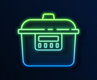 Parlayan neon hattı Yavaş pişirme simgesi mavi arkaplanda izole edildi. Elektrikli tava. Vektör.