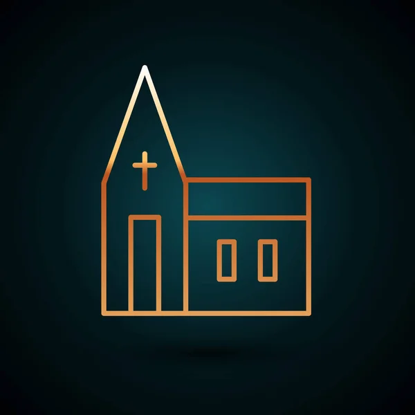 Ikone Der Goldlinie Des Kirchengebäudes Isoliert Auf Dunkelblauem Hintergrund Christliche — Stockvektor