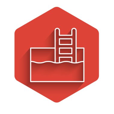 Uzun gölgeli merdiven ikonu ile beyaz çizgi yüzme havuzu. Kırmızı altıgen düğmesi. Vektör.