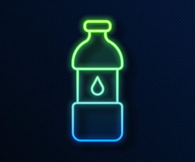 Parlayan neon hattı mavi arka planda izole edilmiş su ikonu. Soda su içme tabelası. Vektör.