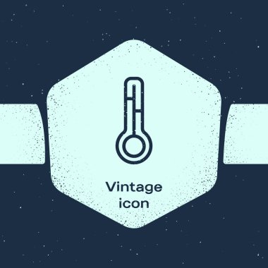 Grunge Hattı Meteoroloji termometresi mavi arka planda izole edilmiş ikonu ölçüyor. Termometre termometresi sıcak ya da soğuk hava gösteriyor. Tek renkli klasik çizim. Vektör.