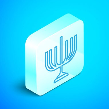 Mavi arka planda Isometric line Hanuka menorah simgesi izole edildi. Geleneksel Hanuka sembolü. Tatil dini, Yahudi Işık Festivali. Gümüş kare düğme. Vektör.