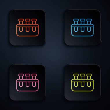 Renkli neon hattı test tüpü ve siyah arkaplanda izole edilmiş kimyasal test ikonu. Laboratuvar cam levhası. Kare düğmelere simgeleri yerleştir. Vektör.