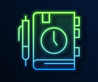 Parlayan neon hattı günlük kağıt not defteri simgesi mavi arkaplanda izole edildi. Vektör.