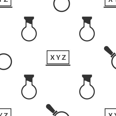 Büyüteç, XYZ koordinat sistemi, test tüpü ve matarayı kusursuz desene ayarlayın. Vektör.