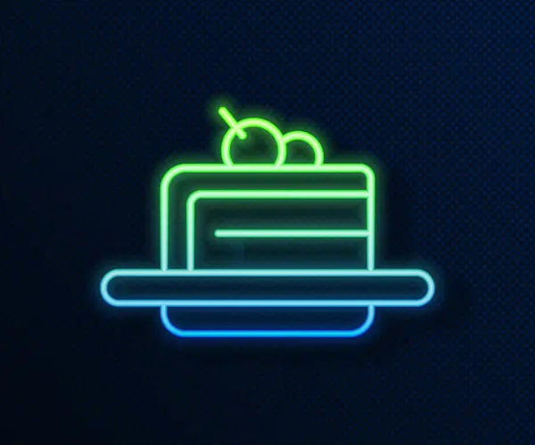 青い背景にネオンラインケーキアイコンを輝く 誕生日おめでとう ベクトル — ストックベクタ