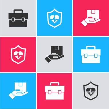 Evrak çantası, hayat sigortası, kalkan ve teslimat ikonu. Vektör