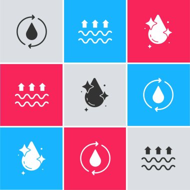 Temiz su geri dönüşümünü, su dalgalarını, buharlaşmayı ve ikonu ayarlayın. Vektör