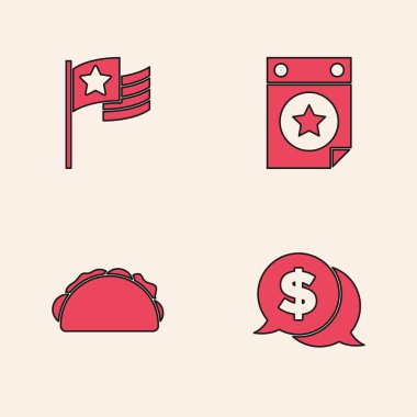 Dolar, Amerikan bayrağı, takvim tarihi 4 Temmuz ve Taco tortilla ikonu ile madeni para ayarla. Vektör