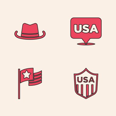 Yıldız kalkanı, kovboy şapkası, Amerikan Bağımsızlık Günü ve Amerikan bayrağı ikonu. Vektör