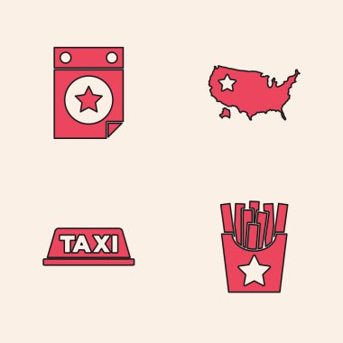 Patates kızartmasını kutuya koy, 4 Temmuz tarihli takvim, ABD haritası ve taksinin çatı simgesi. Vektör