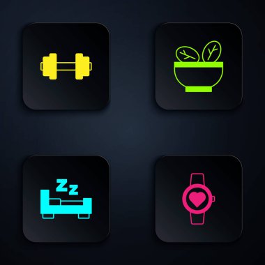 Smart saatini ayarla, Dumbbell, uyku zamanı ve salata kasesinde. Siyah kare düğme. Vektör