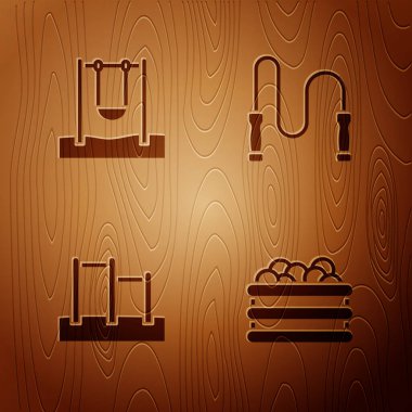 Bilardo topları, salıncak, yatay çubuk ve tahta arka planda atlama halatı. Vektör